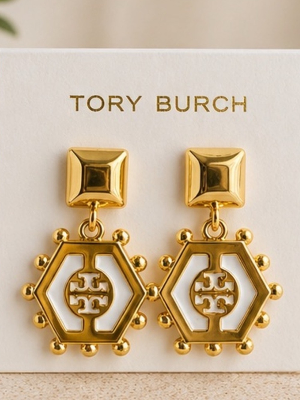 Tory Burch hexagon gold-tone metal with white enamel detail earrings NEW $129